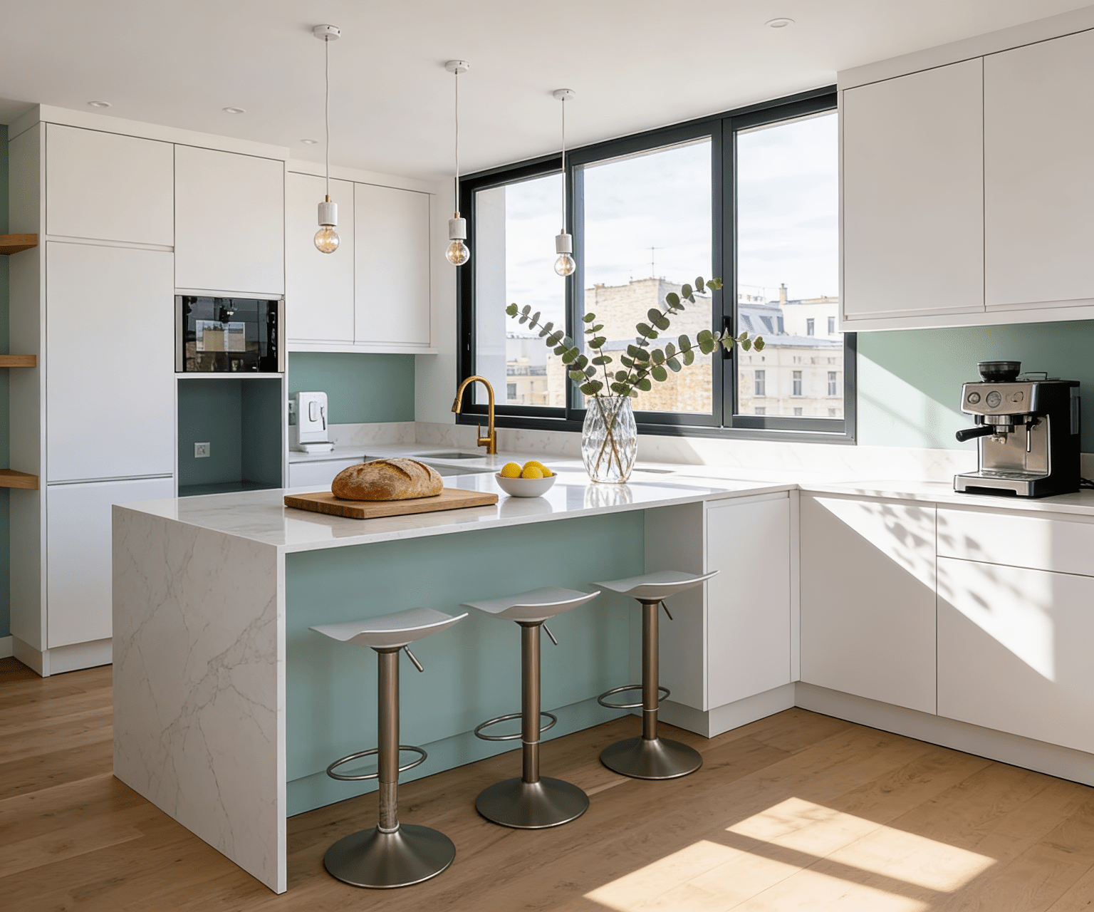 Cozinha moderna com ilha central em tom verde água e bancadas brancas, design de interiores e mobiliário por medida Costa Saraiva.