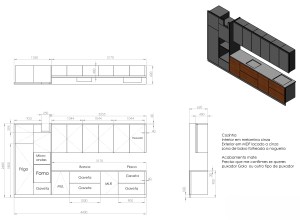 Planta técnica detalhada com medidas e especificações de materiais para o fabrico e montagem de cozinha por medida.