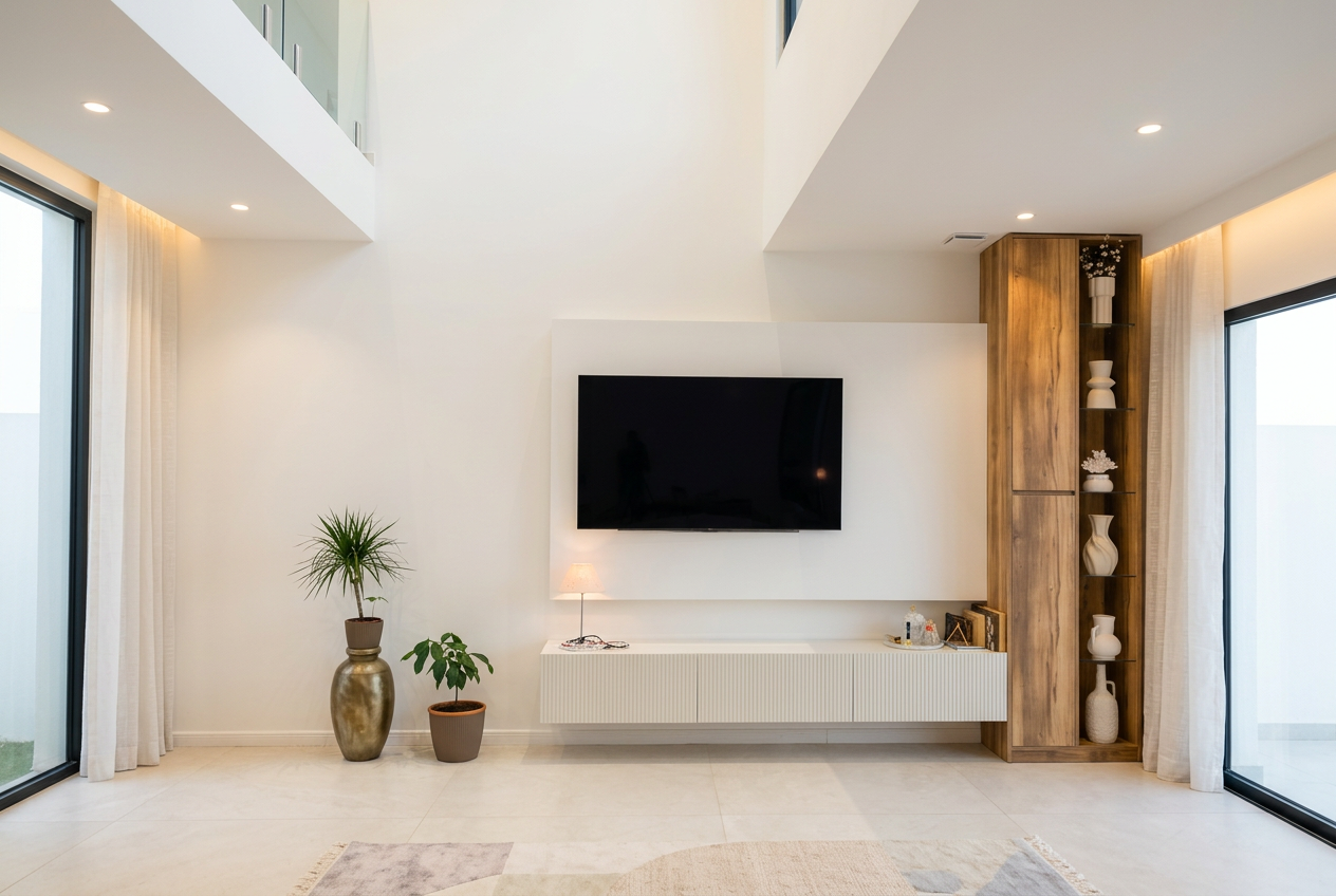 Móvel de sala moderno da Costa Saraiva com painel de TV branco, consola suspensa ripada e armário vertical em madeira numa sala de estar ampla com pé-direito duplo.