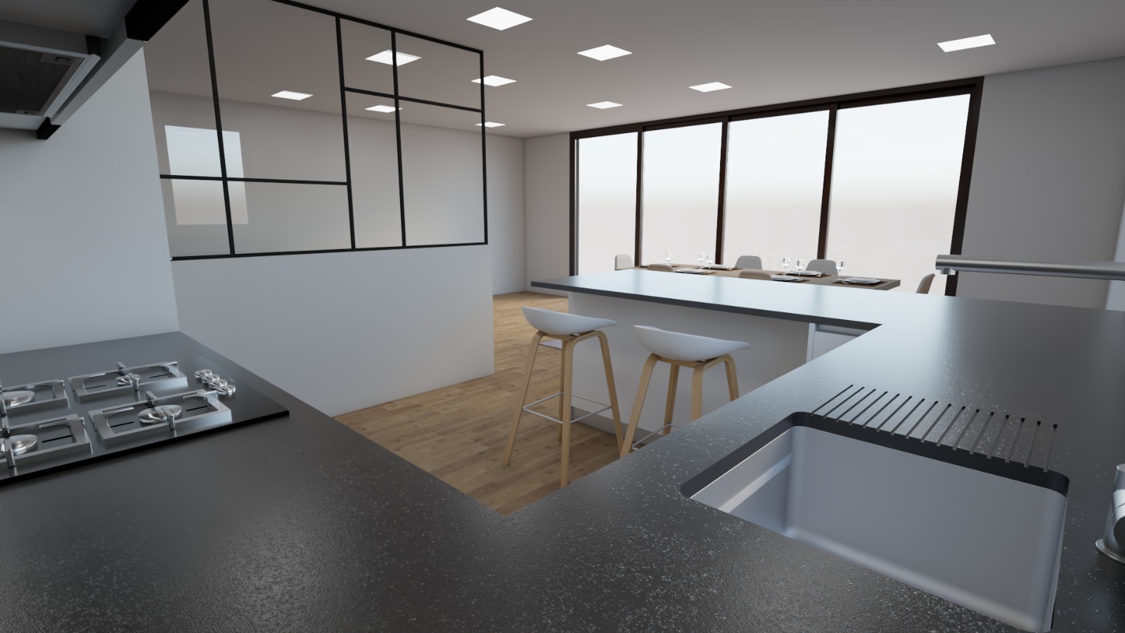 isualização 3D de cozinha moderna lacada a branco por medida, destacando um nicho em madeira iluminado e ilha com extremidade curva.